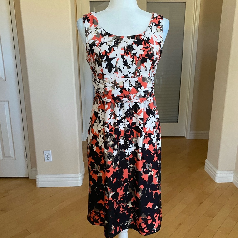 Perceptions Petite Floral Midi Dress - Black, White, Coral